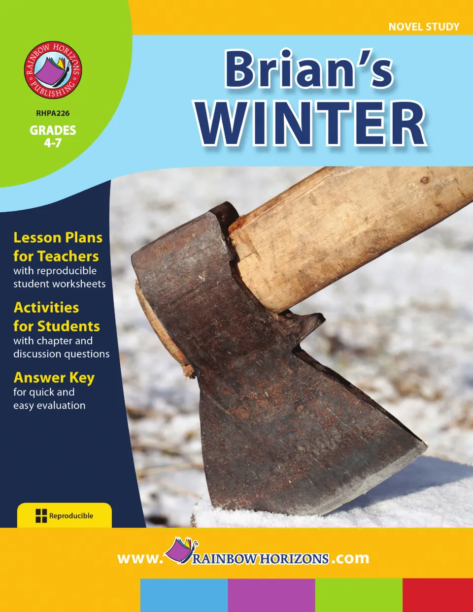 Novel study cover for grades 4–7, listing teacher lesson plans, student activities, and an answer key