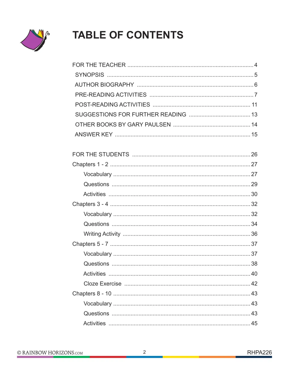 Novel study contents listing teacher resources and student vocabulary, questions, and tasks for chapters 1–10