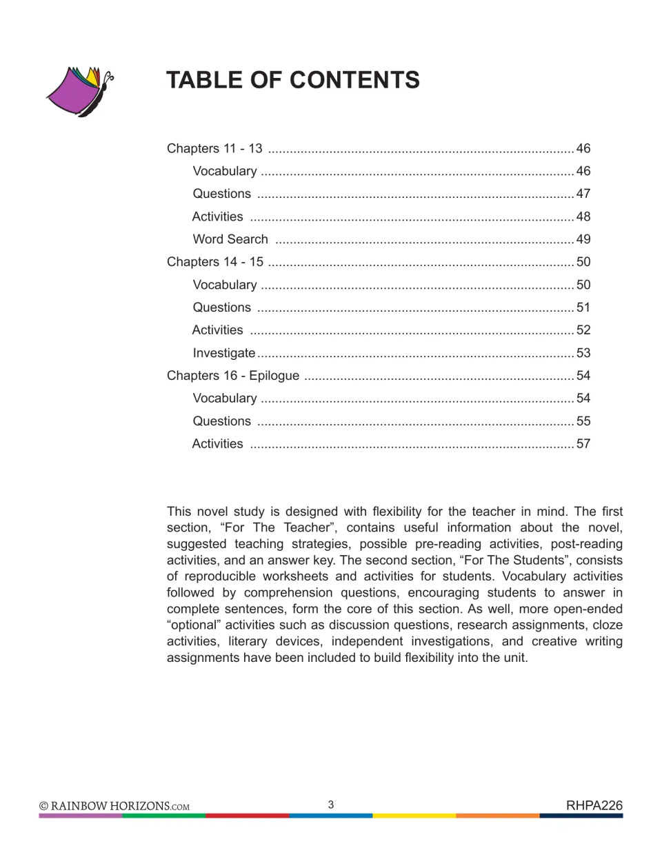 Novel study contents for chapters 11–epilogue, followed by an explanation of teacher and student sections