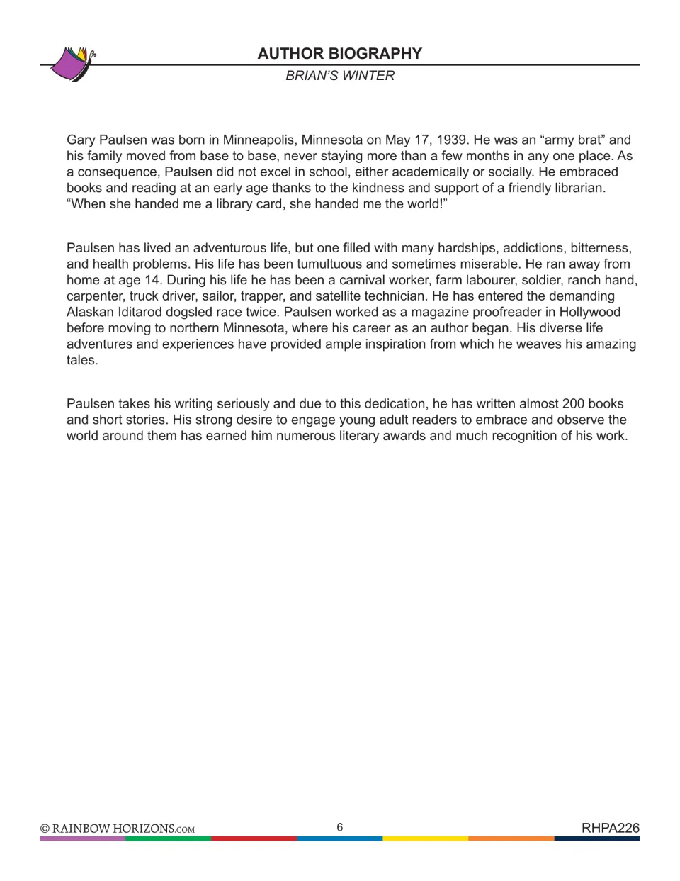 Teacher background reading on Gary Paulsen's childhood, varied jobs, wilderness experiences, and writing