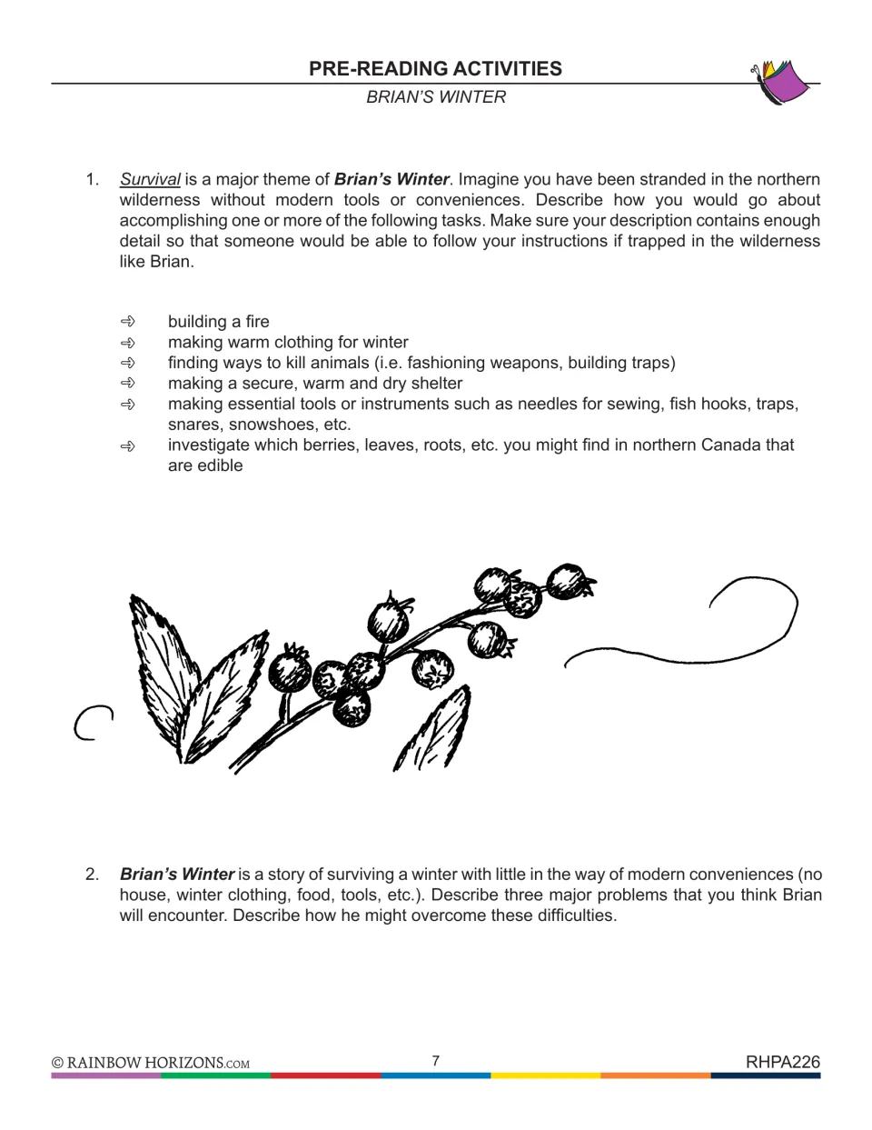 Pre-reading activities 1–2 ask students to explain wilderness survival tasks and predict Brian's challenges