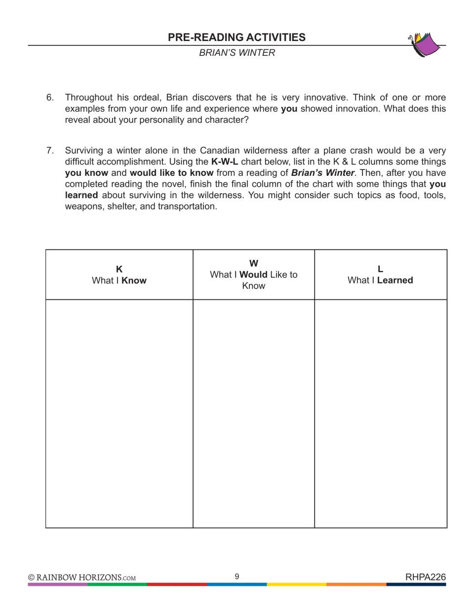 Pre-reading activities 6–7 connect personal innovation to Brian and introduce a K-W-L chart about survival