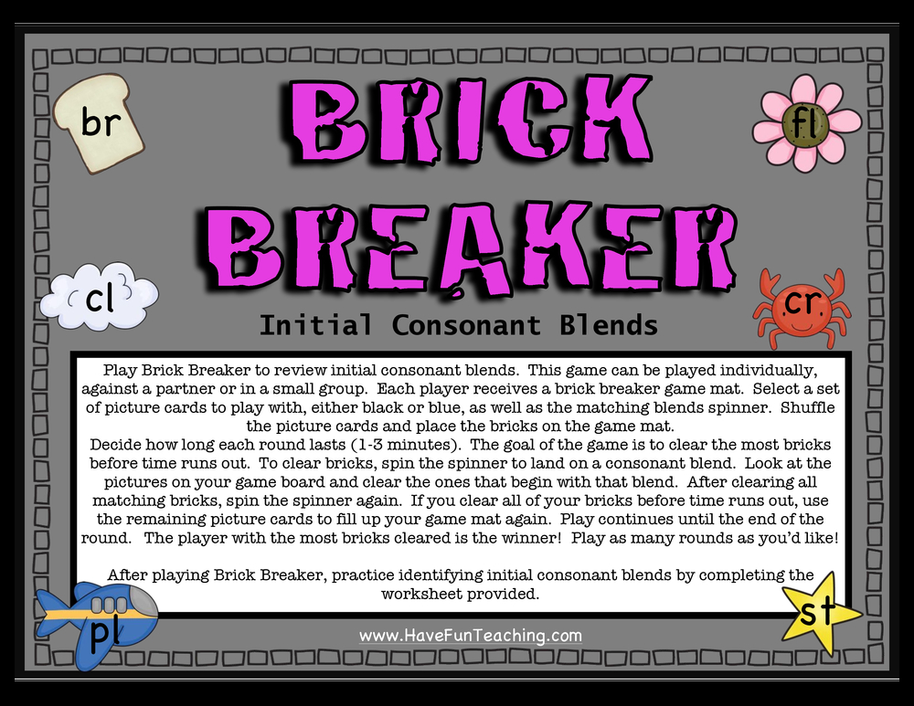Brick Breaker Consonant Blends Activity teaching resource preview