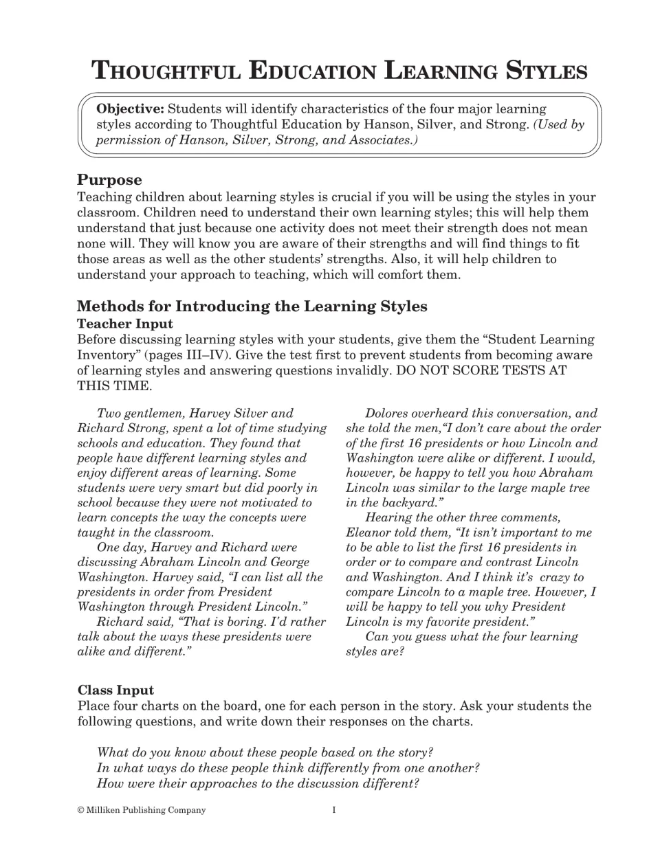 Learning-styles lesson introduces four approaches through a story about discussing Lincoln and Washington