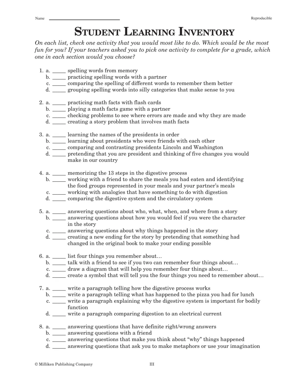 Student Learning Inventory items 1–8 ask students to choose preferred spelling, math, and reading activities