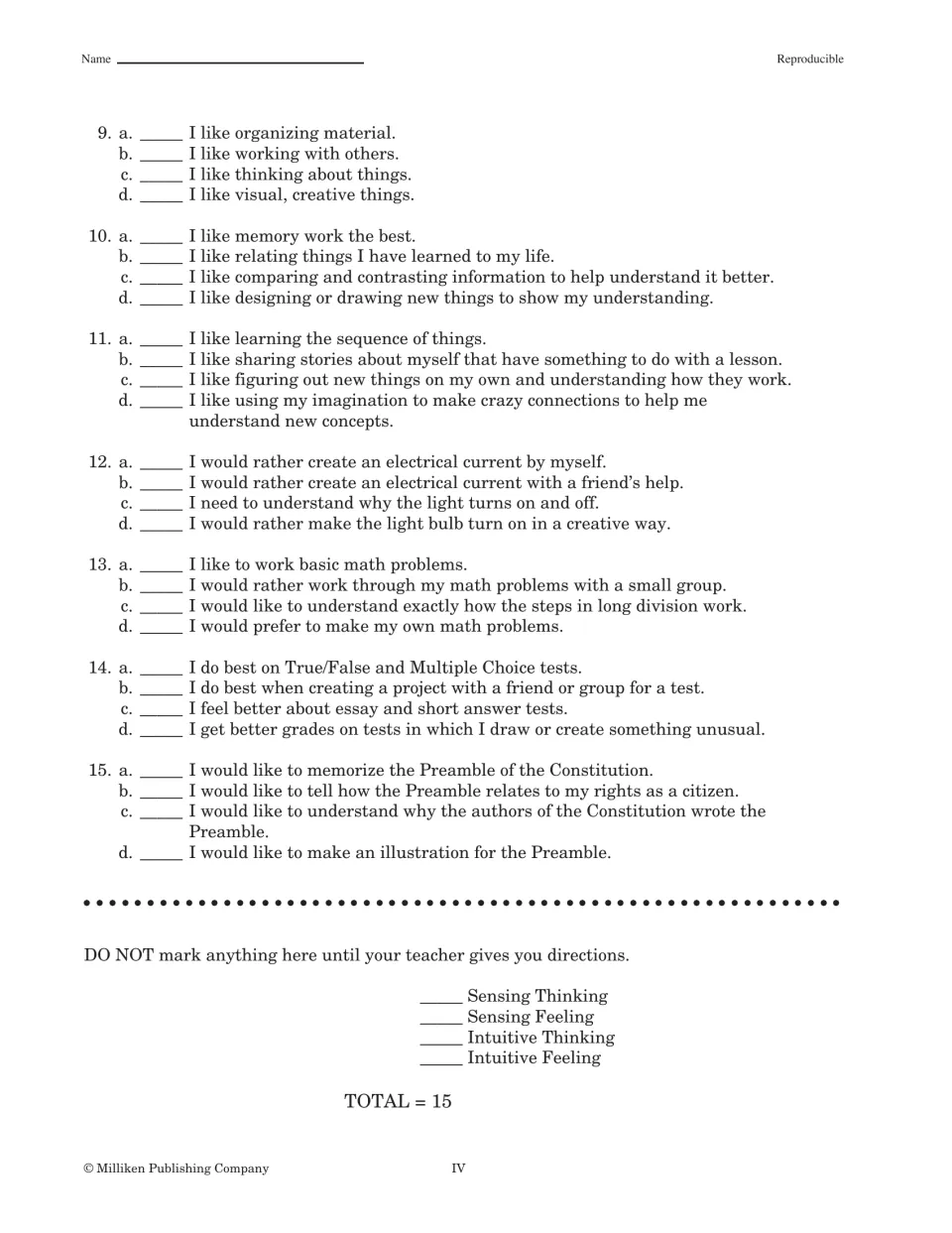 Student Learning Inventory items 9–15 cover work preferences and include scores for four learning styles