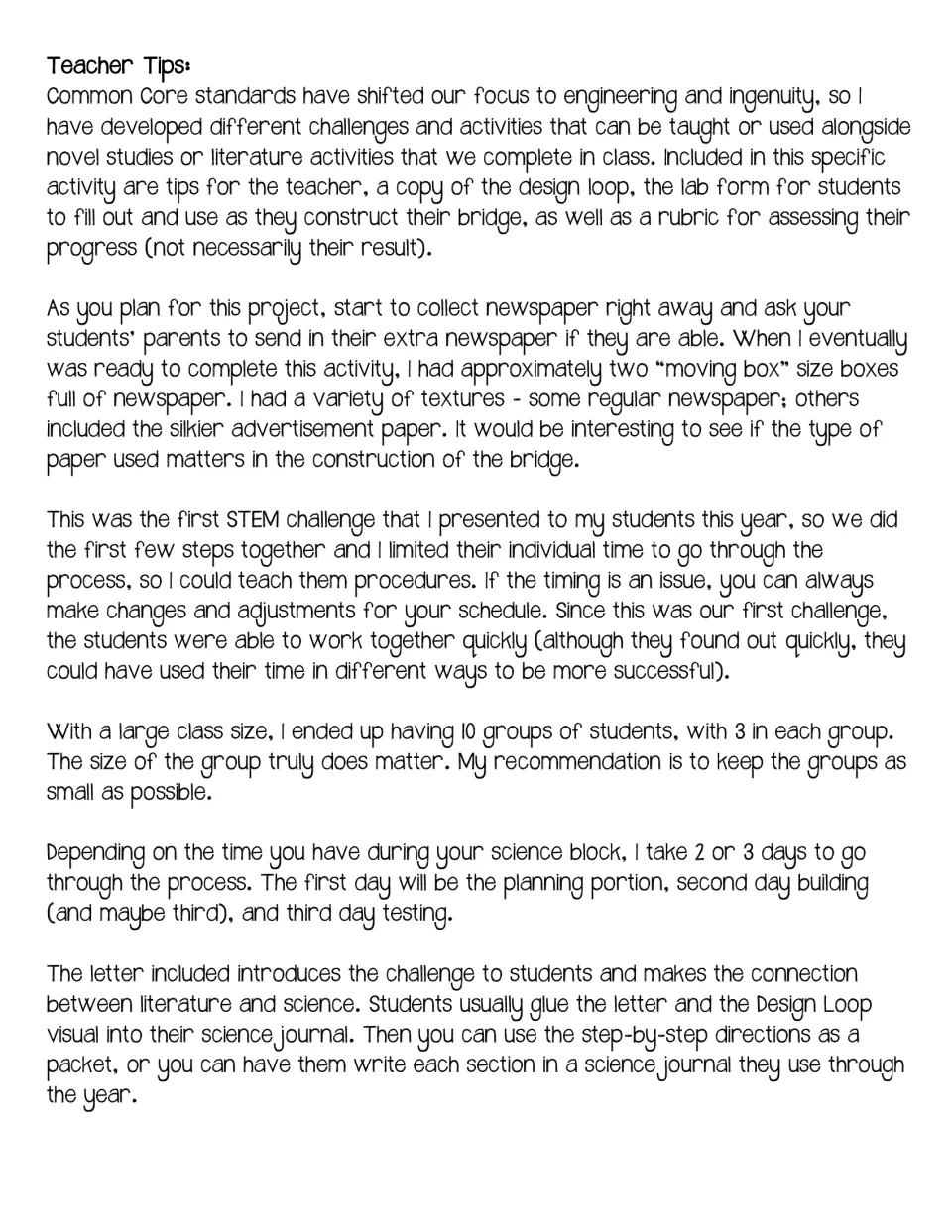 Teacher tips for the bridge challenge cover collecting newspaper, small groups, timing, and science journals