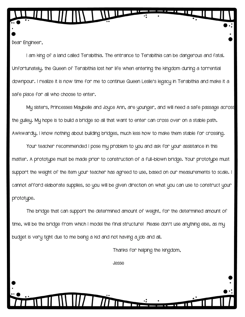 Student challenge letter from Jesse requests a bridge prototype that supports a set weight for a set time