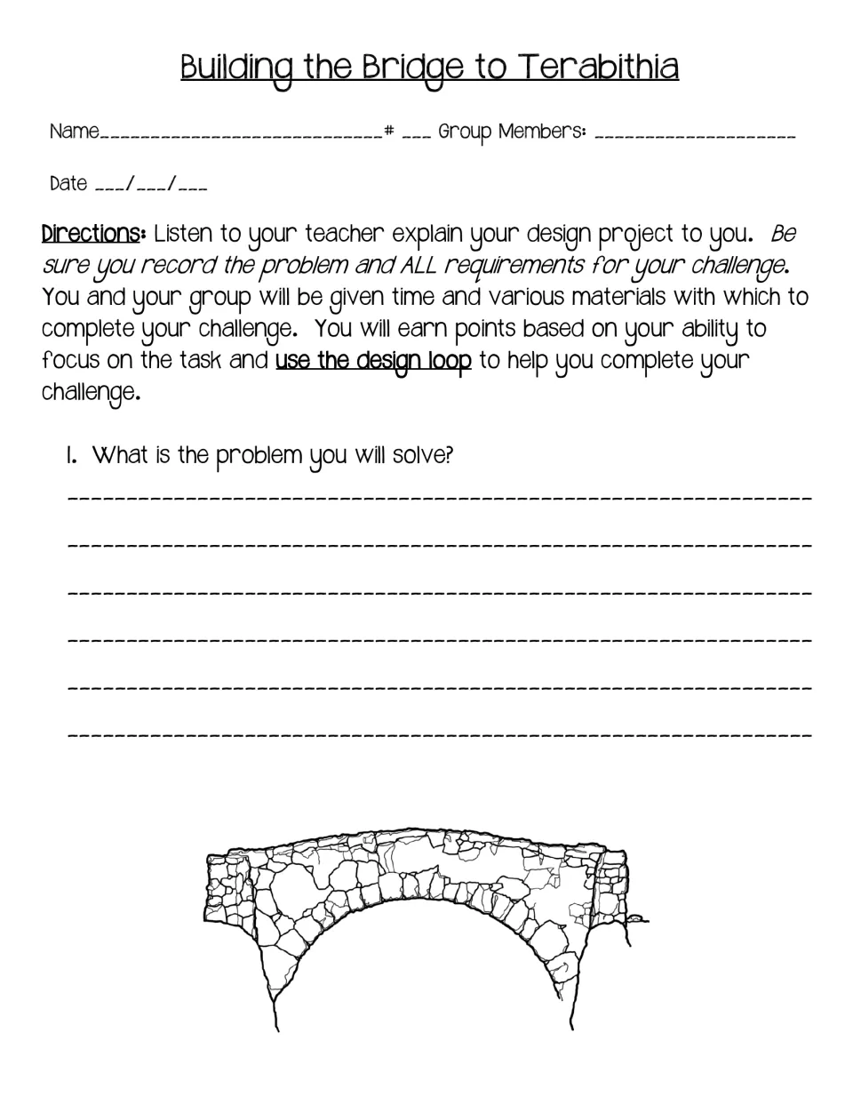 First student recording page asks groups to identify the bridge problem and record all challenge requirements