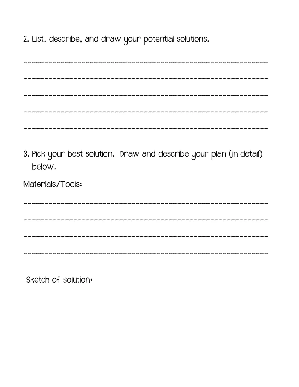 Bridge planning page asks students to describe possible solutions, choose a plan, list materials, and sketch