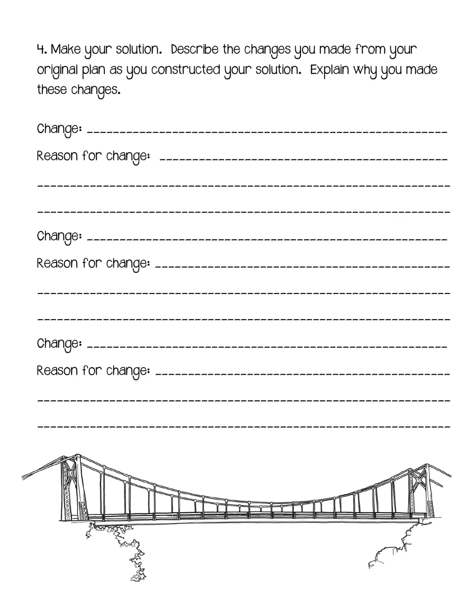 Bridge construction reflection asks students to document three changes to their original plan and explain why