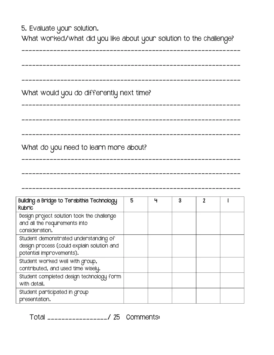 Bridge evaluation page asks what worked, what to change, and what to learn; a five-criterion rubric totals 25 points