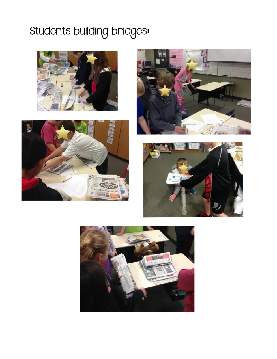 Five classroom photos document students constructing newspaper bridges and placing objects on their structures