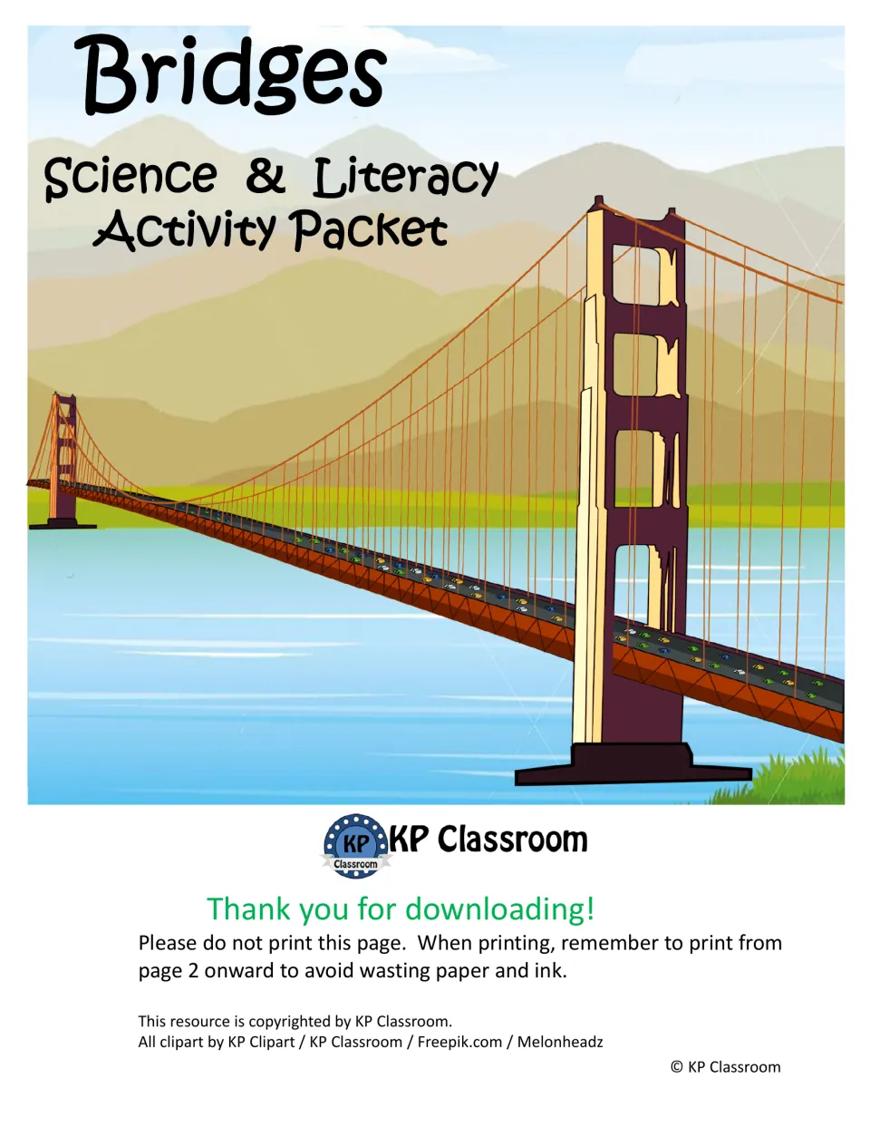 Cover of the bridge science and literacy activity packet from KP Classroom, with printing instructions