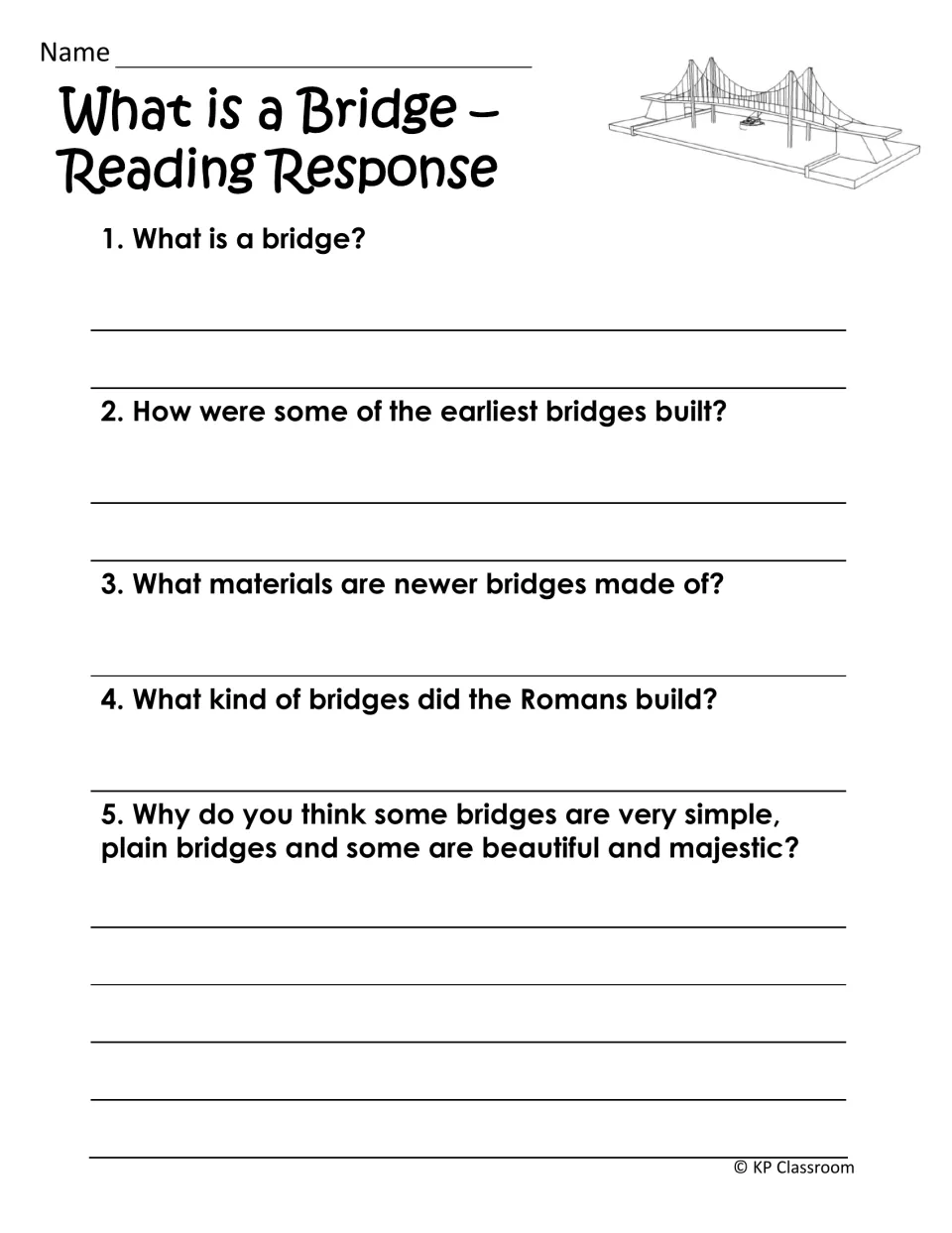 Bridge reading response asks five questions about definitions, early bridges, materials, and appearance