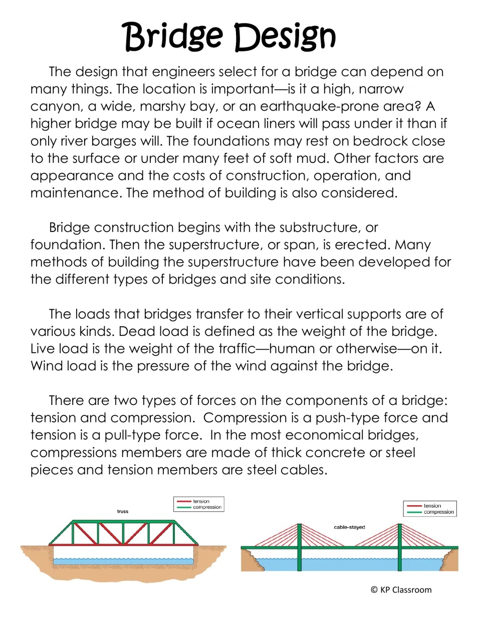 Bridge design reading introduces site factors, construction, three load types, tension, and compression