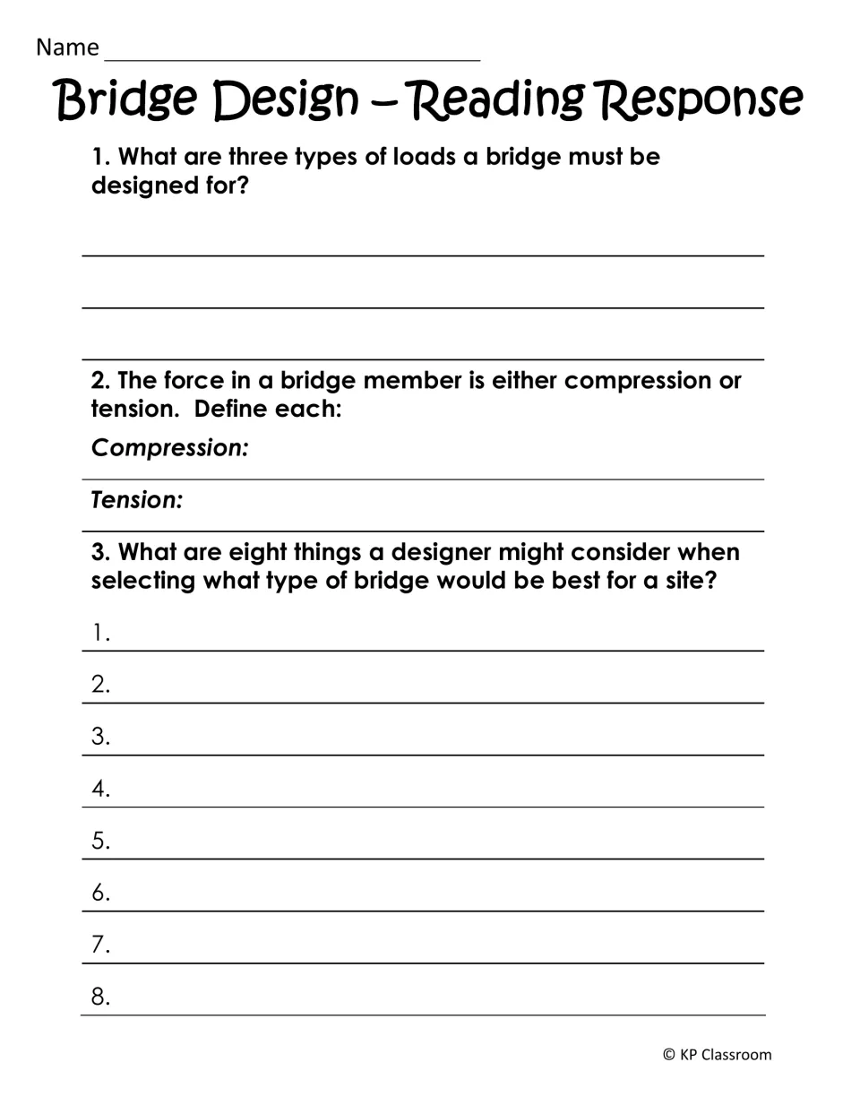 Bridge design response asks for three load types, force definitions, and eight bridge selection factors