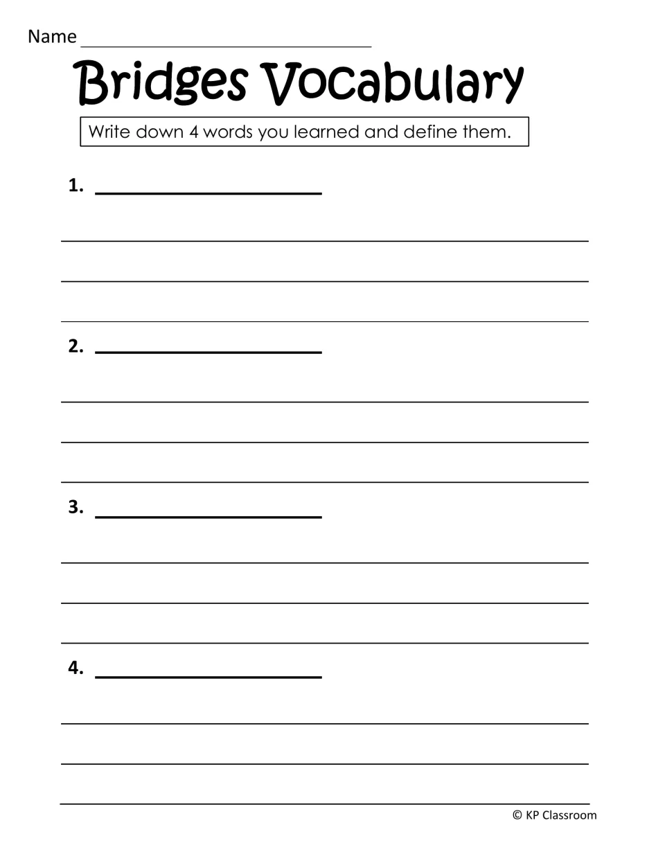 Bridge vocabulary activity asks students to choose four words they learned and write their definitions