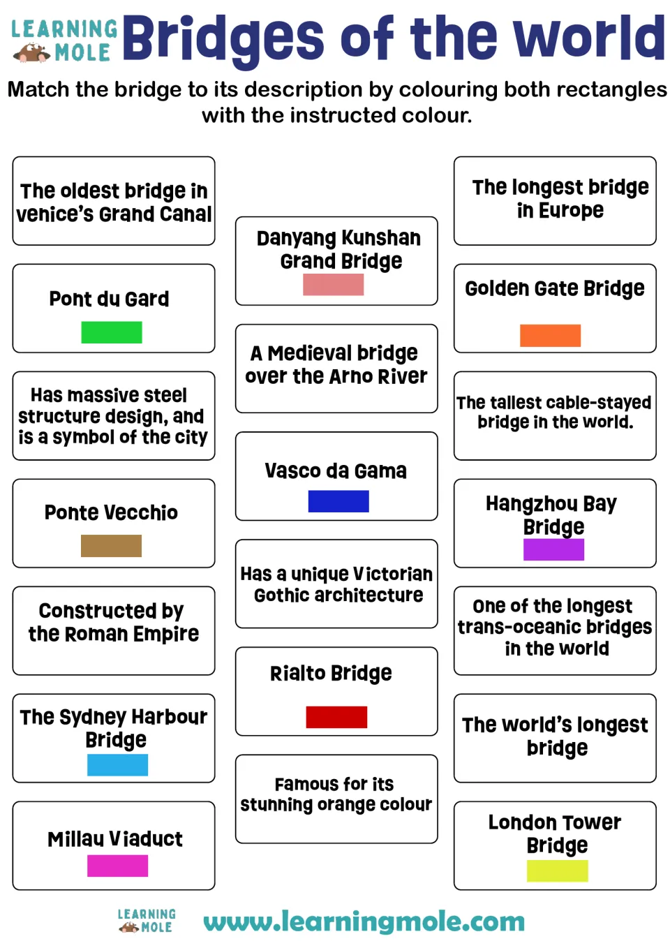 Famous bridges matching: students color 10 bridges, like Golden Gate and Ponte Vecchio, and their facts in the same color