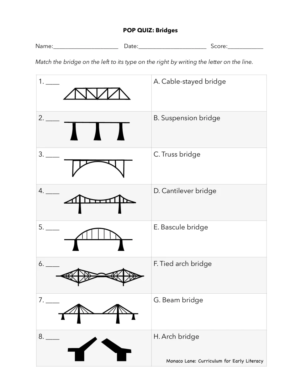 Bridge types quiz: students match 8 bridge drawings to names like truss, suspension, cantilever, bascule and arch