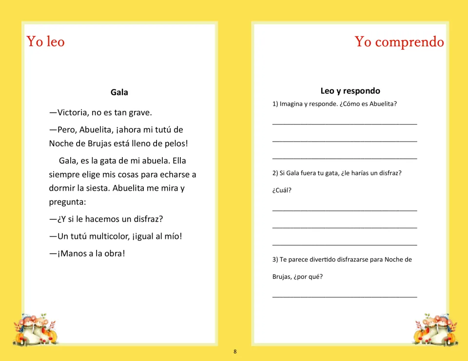 Spanish story “Gala” about a cat and a Halloween tutu, paired with three open-ended comprehension questions.