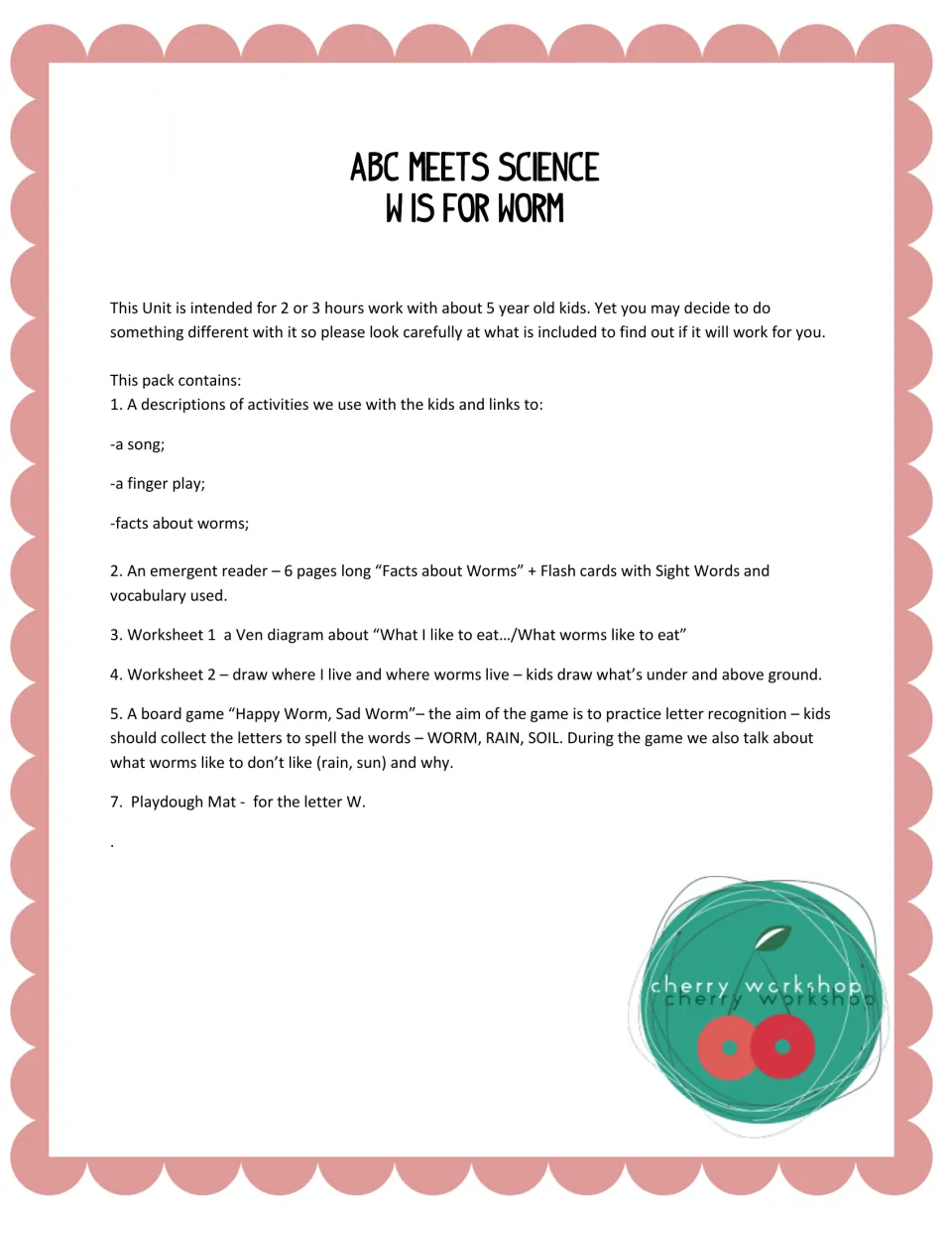 Unit overview listing contents: song and finger play links, emergent reader, flash cards, two worksheets, board game, W mat