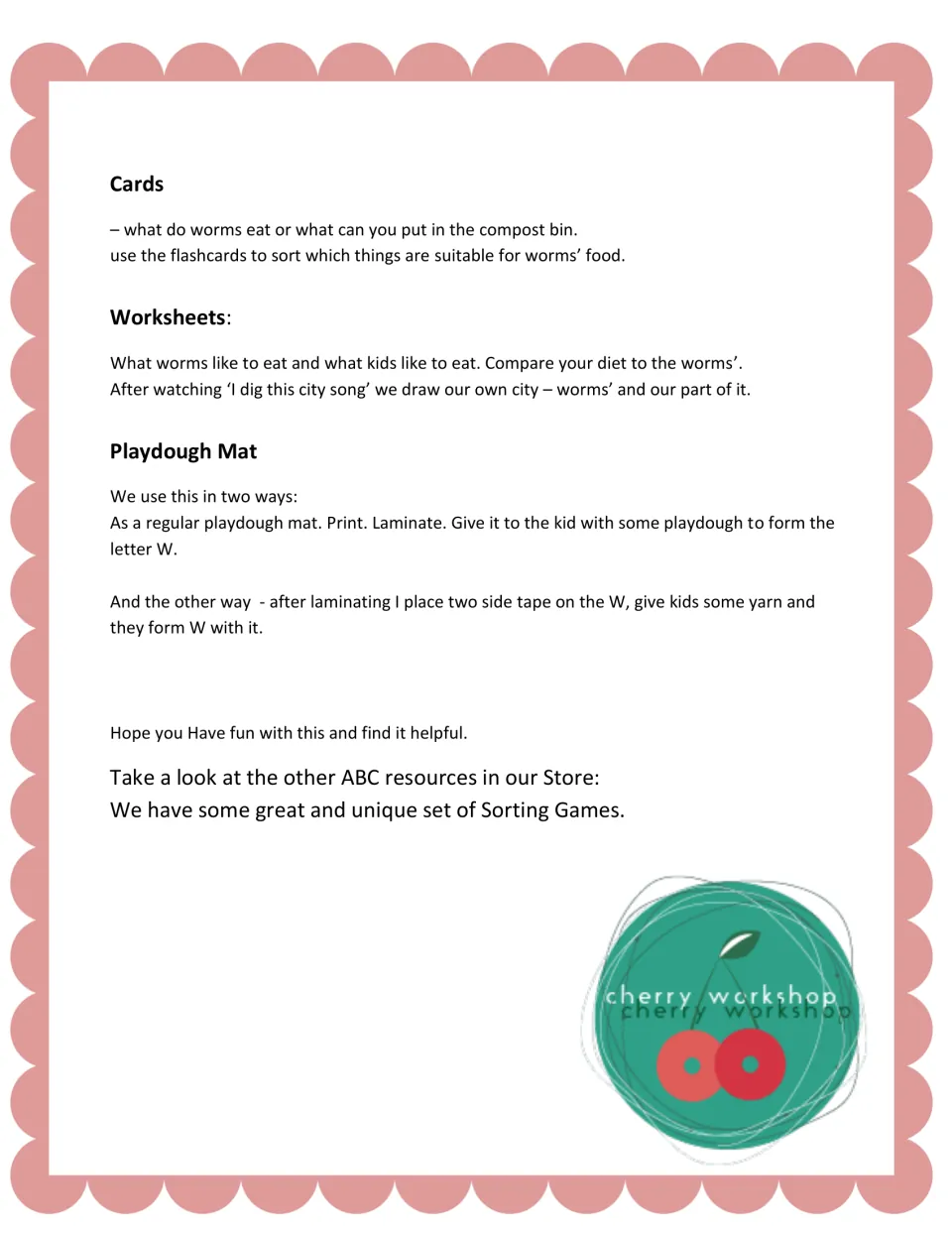 Teacher notes on sorting worm food cards, comparing diets on worksheets, and forming the letter W with playdough or yarn