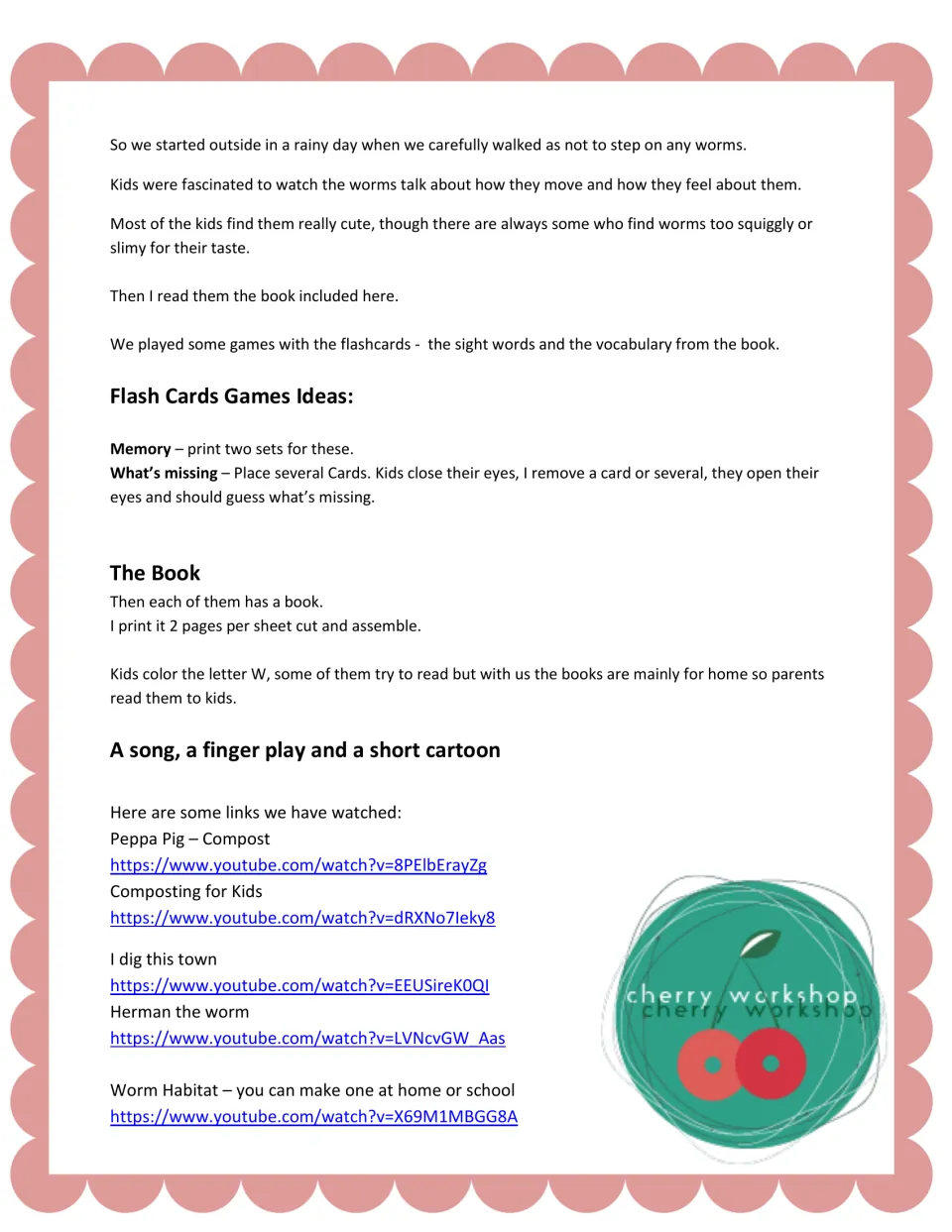 Lesson flow with flash card games (Memory, What's missing), book assembly tips and video links on compost and worms