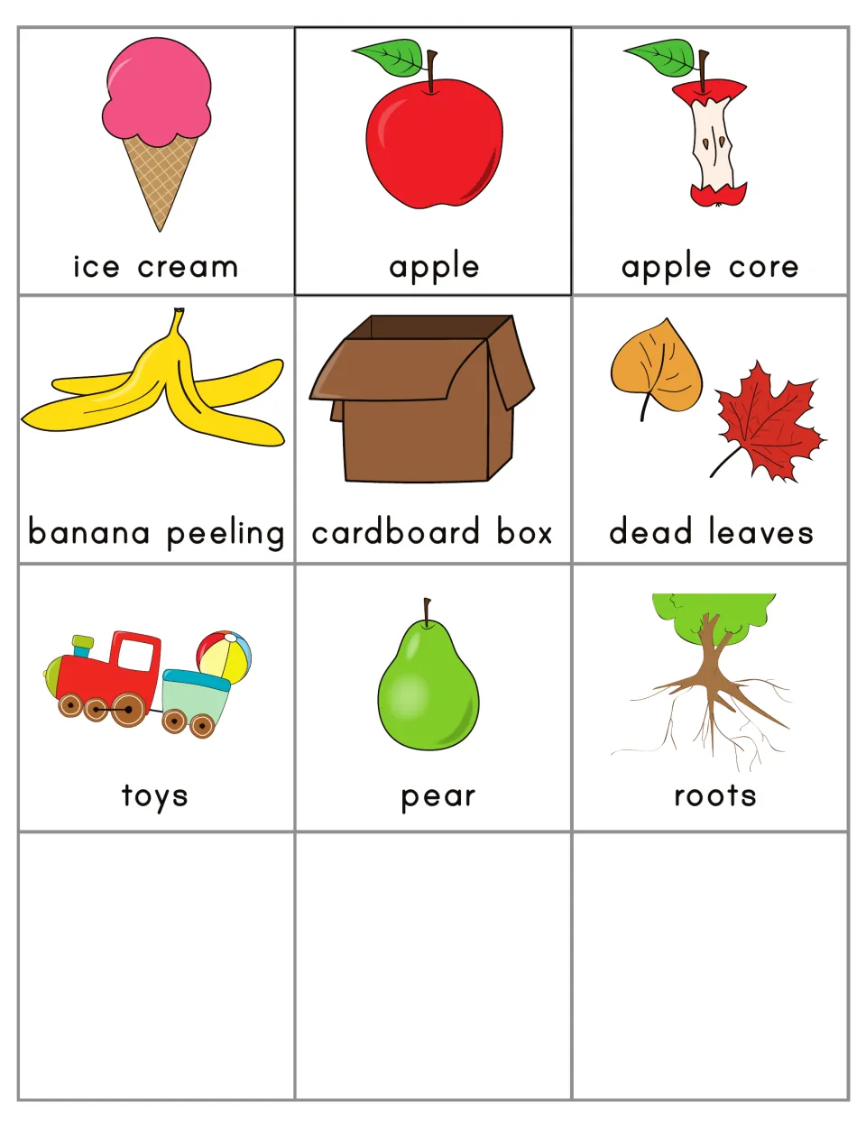 Worm food sort cards: ice cream, apple, apple core, banana peeling, cardboard box, dead leaves, toys, pear, roots