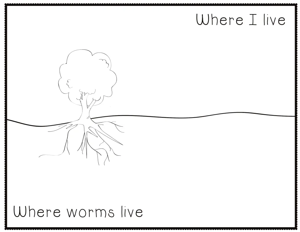 Where I live and Where worms live: students draw life above the ground and worm homes below, around a tree with roots