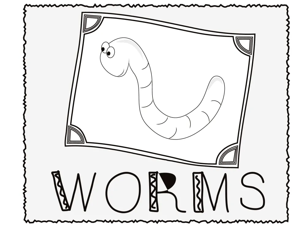 Emergent reader cover titled WORMS with a smiling outline worm for students to color before reading
