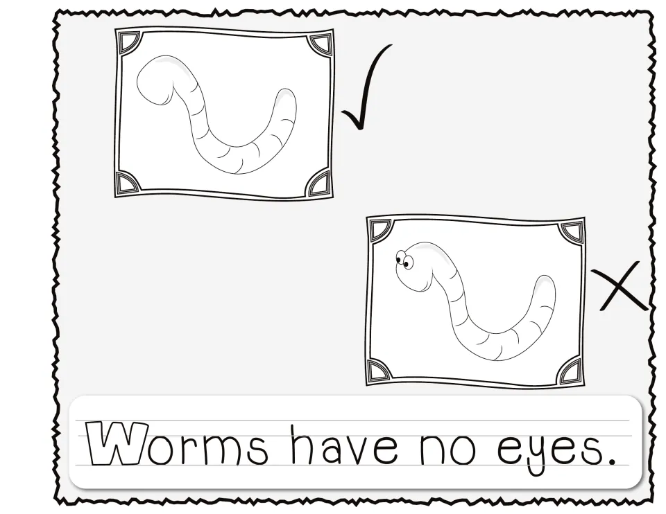 Reader page: Worms have no eyes. A check marks the worm drawn without eyes and an X marks the worm drawn with eyes