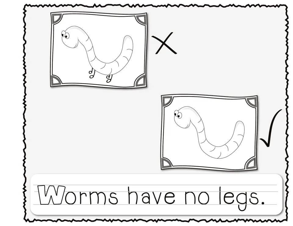 Reader page: Worms have no legs. An X marks a worm drawn with legs and a check marks the worm with no legs
