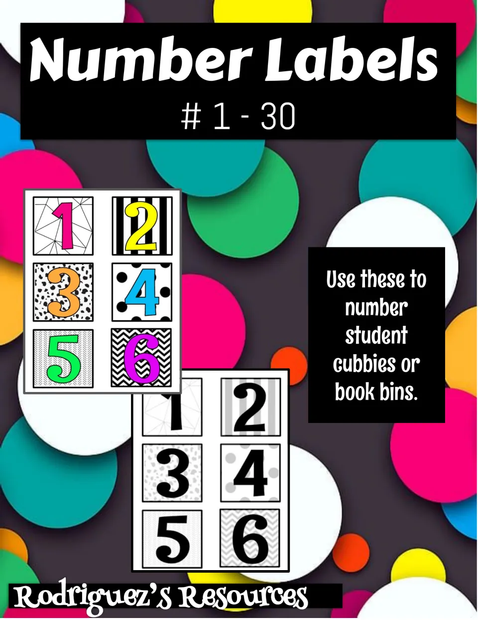 Number Labels #1-30 cover: sample color and black-and-white number cards for numbering student cubbies or book bins