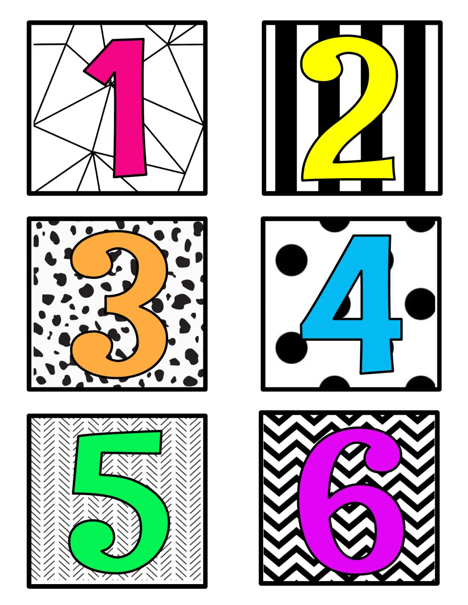 Color number labels 1 to 6: bright pink, yellow, orange, blue, green and purple numerals on black-and-white patterns