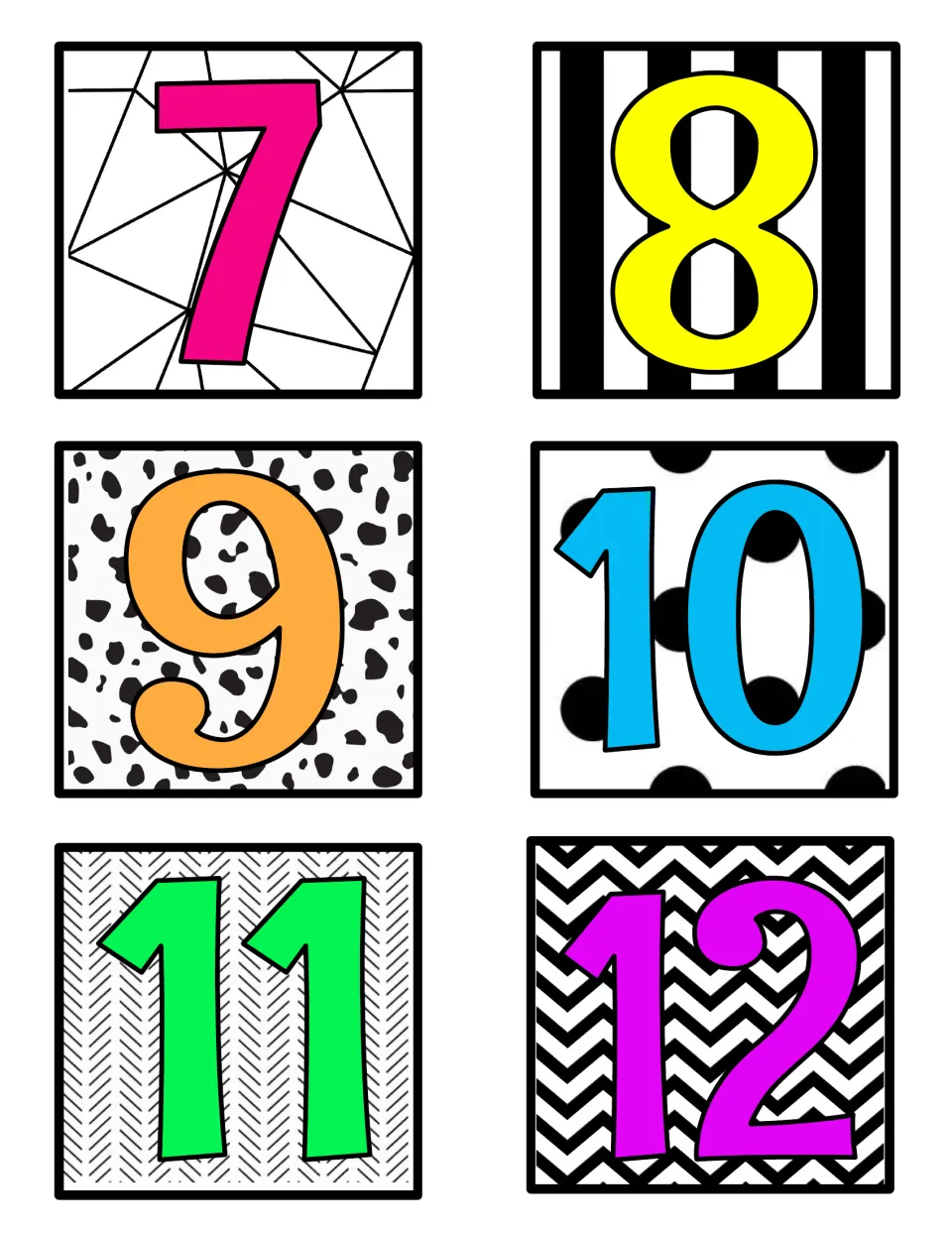 Color number labels 7 to 12: neon numerals on geometric, striped, spotted, polka-dot, herringbone and chevron patterns