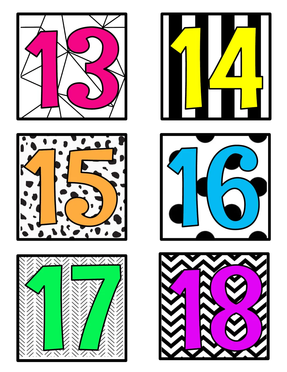 Color number labels 13 to 18: pink 13, yellow 14, orange 15, blue 16, green 17 and purple 18 on black-and-white prints