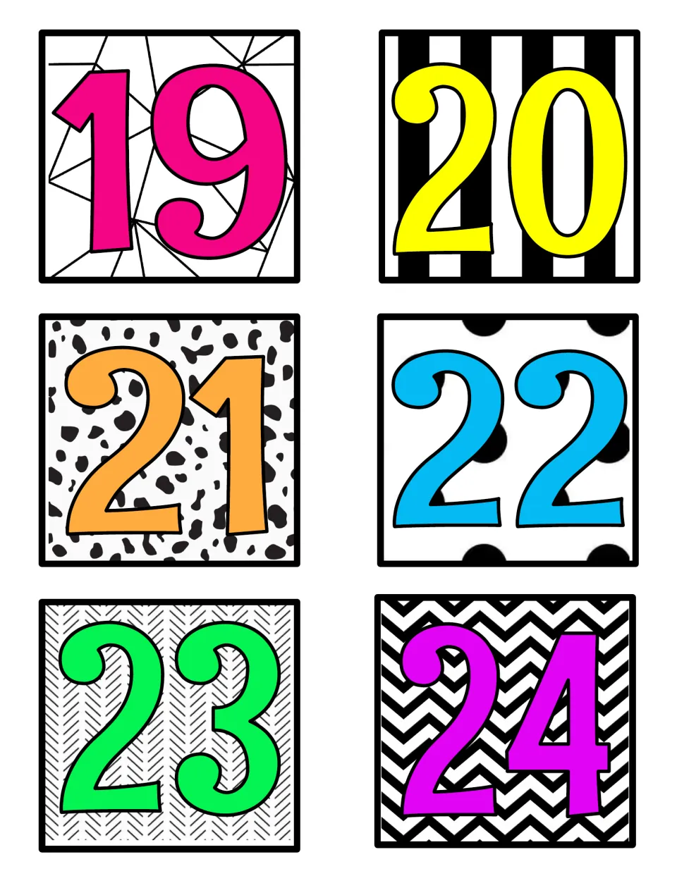 Color number labels 19 to 24: bright neon two-digit numerals set on black-and-white geometric, stripe and chevron prints