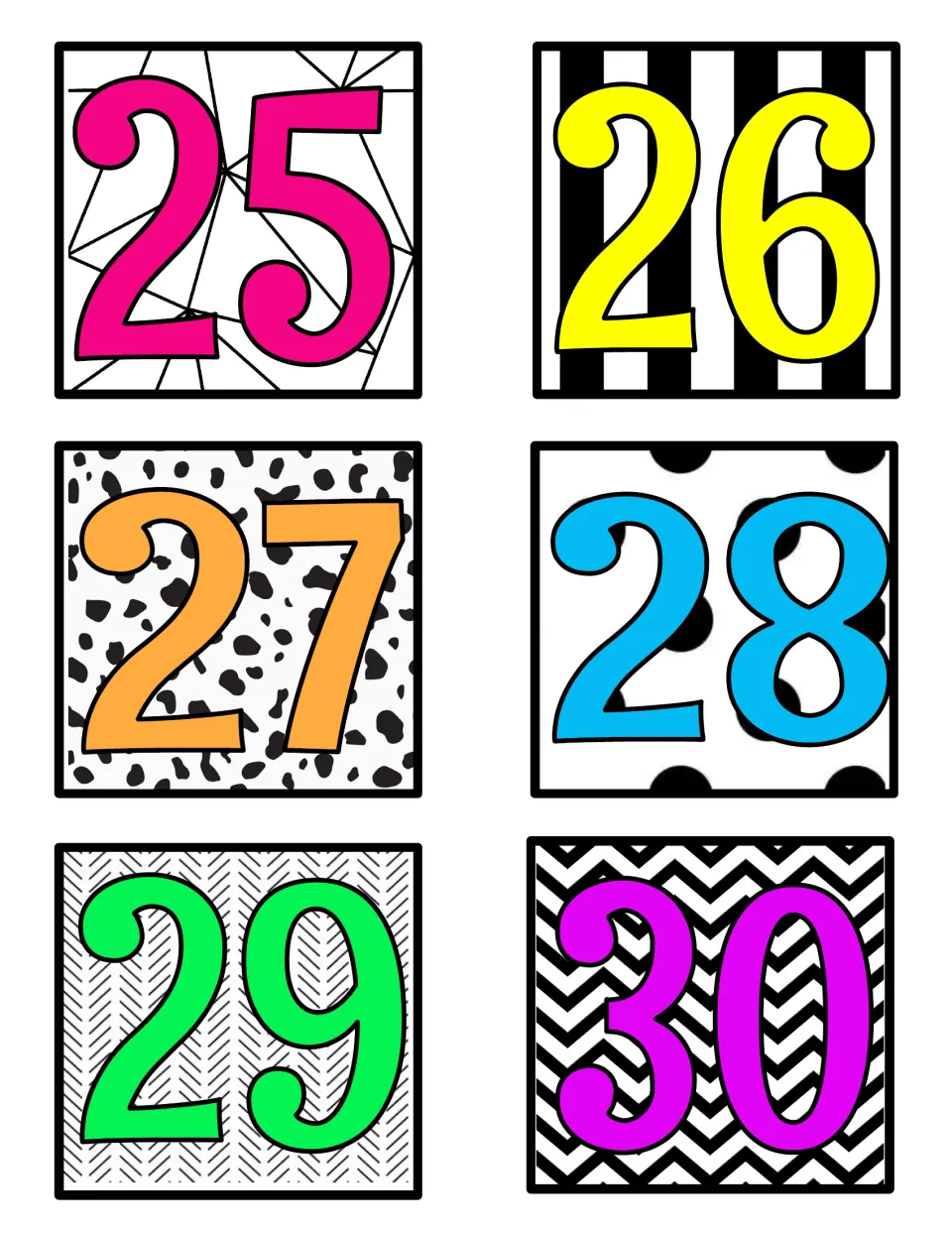 Color number labels 25 to 30, last of the color set: neon numerals on spotted, polka-dot, herringbone and chevron prints