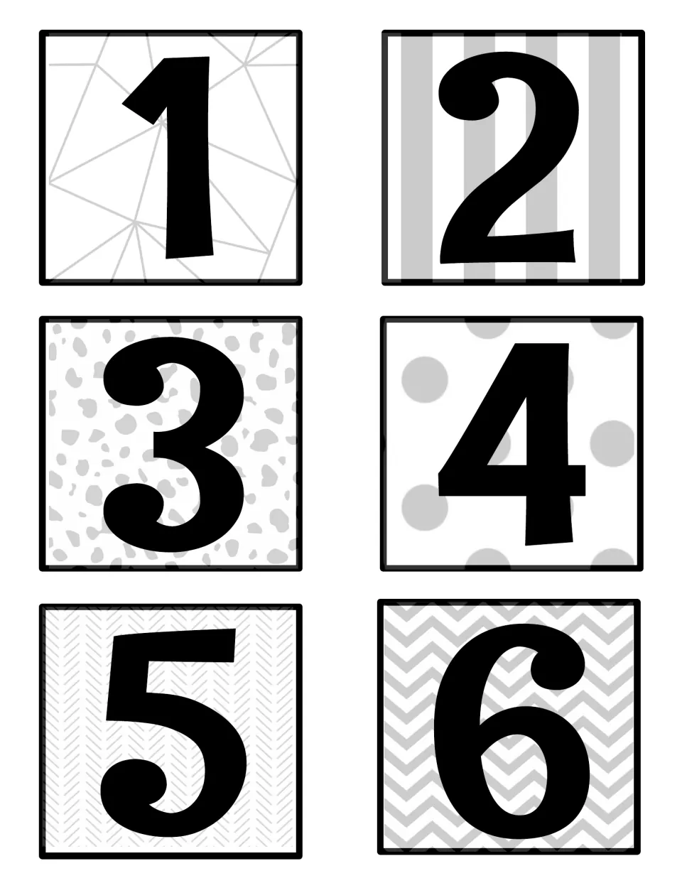 Black-and-white number labels 1 to 6: bold black numerals on light gray geometric, stripe, spot, dot and chevron patterns