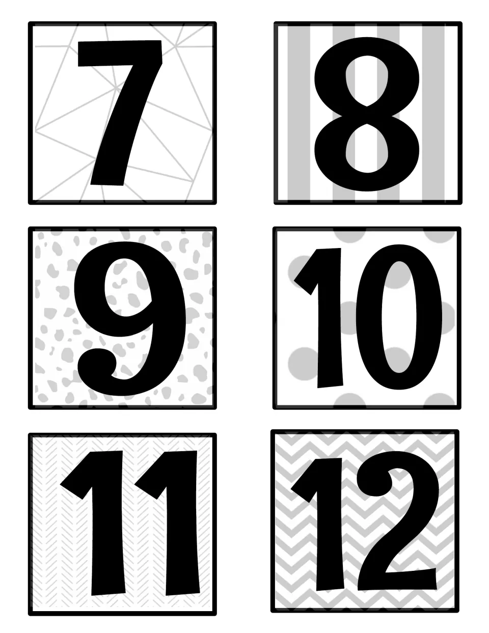 Black-and-white number labels 7 to 12: bold black numerals over soft gray patterns, matching the color set's designs