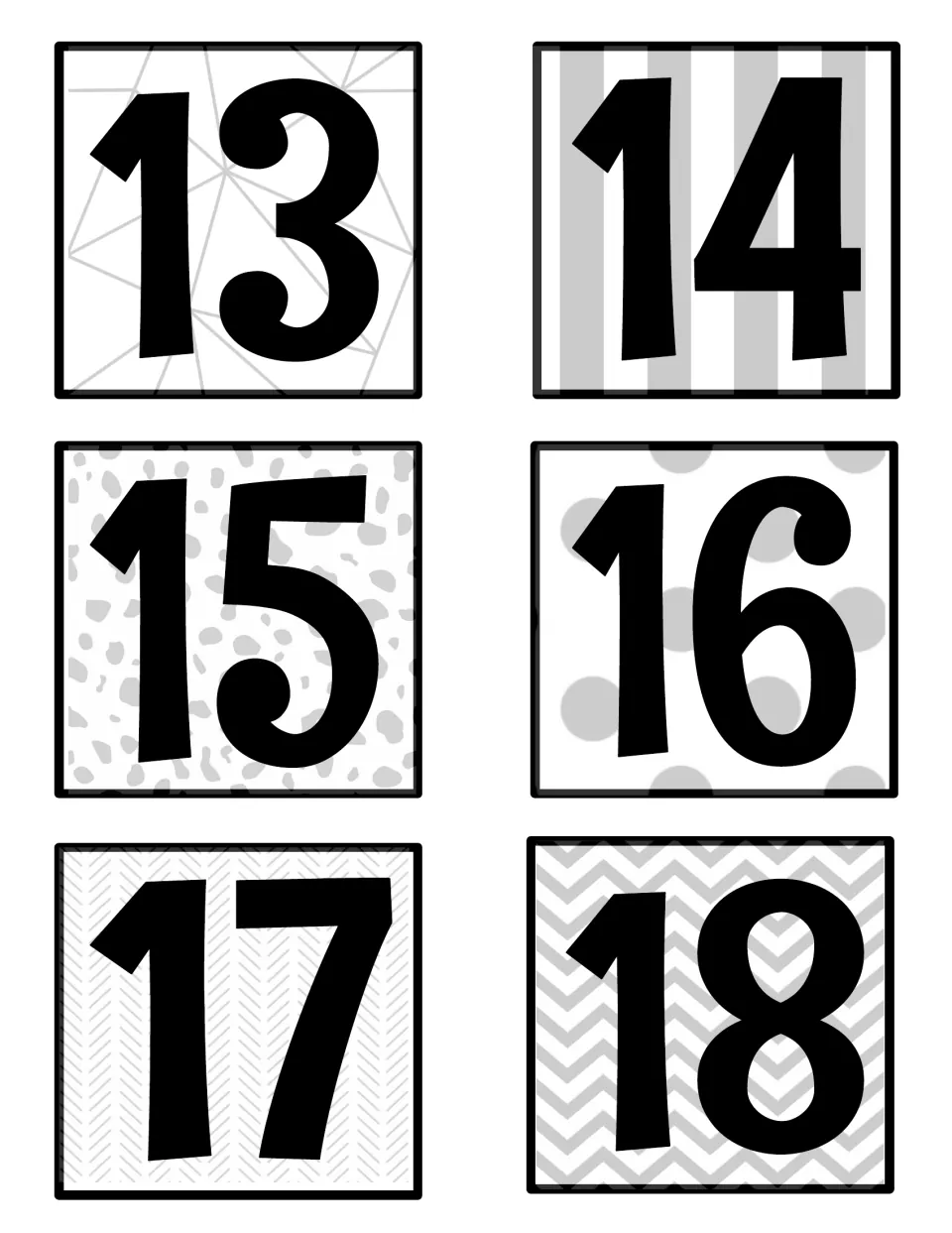 Black-and-white number labels 13 to 18: thick black two-digit numerals on pale gray geometric, dotted and chevron prints