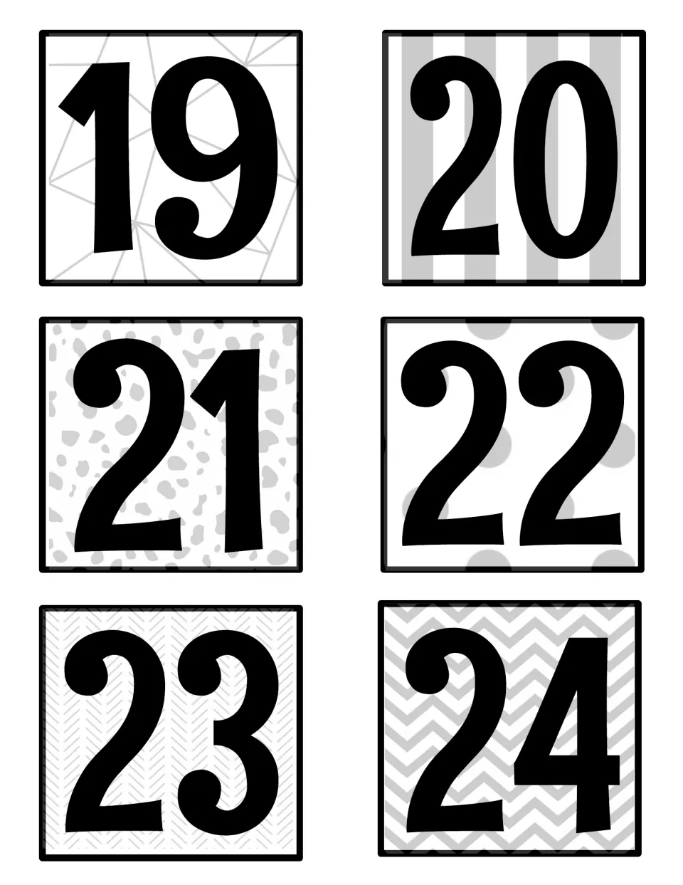 Black-and-white number labels 19 to 24: large black numerals on light gray stripe, spot, polka-dot and herringbone prints
