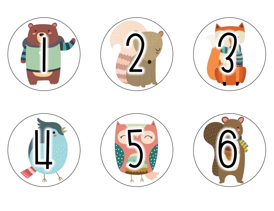 Calendar date cards 1 to 6, each number over a woodland animal: bear, squirrel, fox, bluebird, owl and brown squirrel