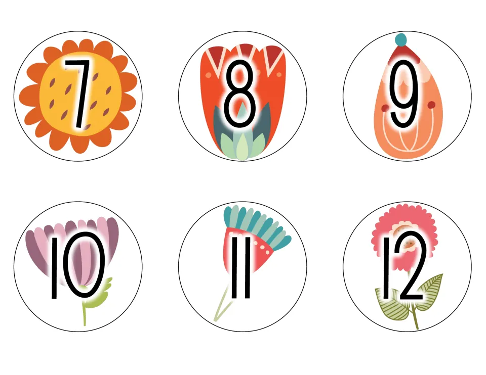 Calendar date cards 7 to 12, each number over a boho flower such as a sunflower, red tulip, pink bloom or teal blossom