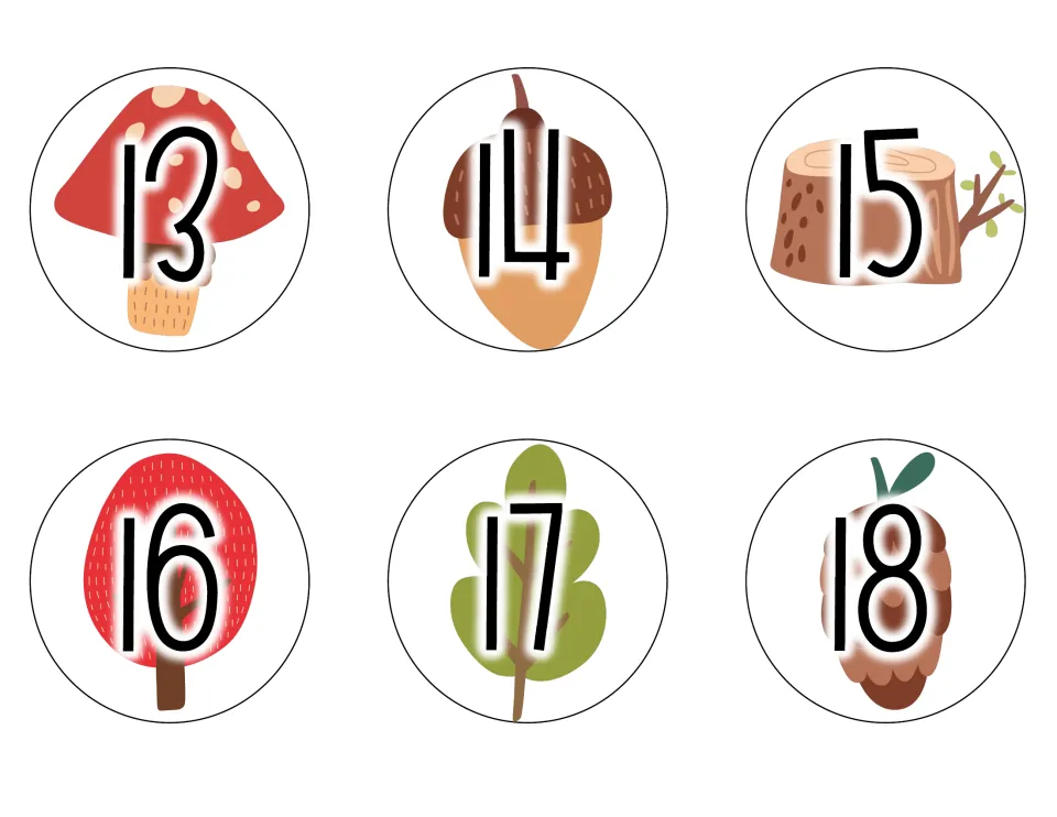 Calendar date cards 13 to 18 with numbers over woodland items: mushroom, acorn, tree stump, red tree, leaf and pinecone