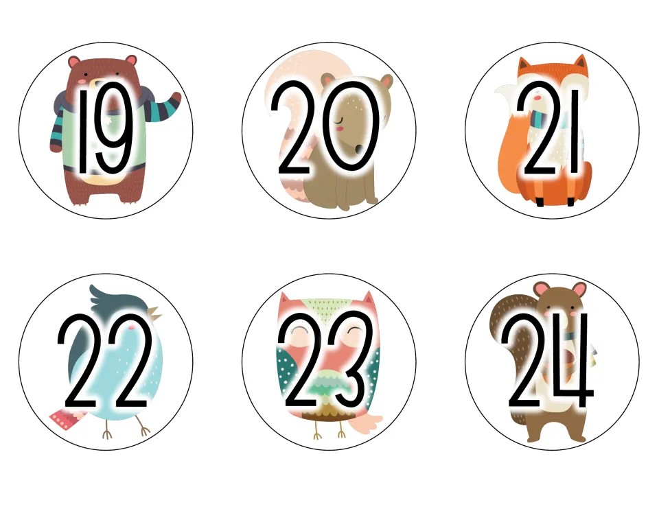 Calendar date cards 19 to 24 set over the woodland animals again: bear, squirrel, fox, bluebird, owl and squirrel