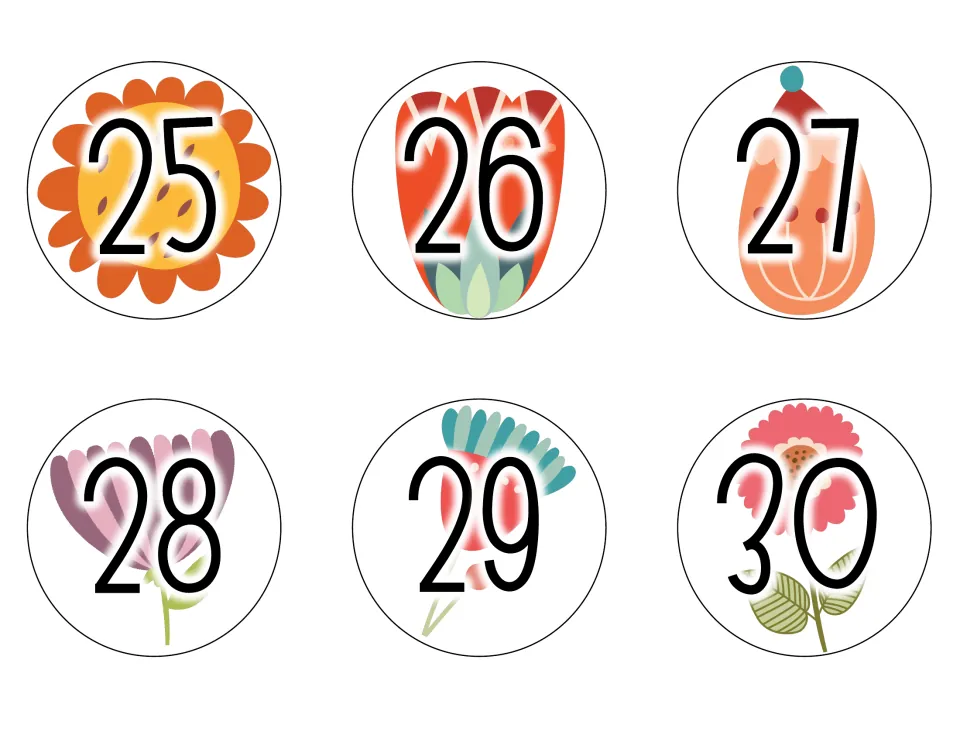 Calendar date cards 25 to 30, each number over a boho flower, reusing the floral designs from days 7 to 12