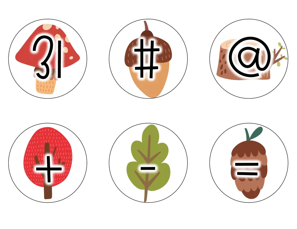 Calendar card for date 31 plus symbol cards #, @, +, - and = on mushroom, acorn, stump, tree, leaf and pinecone art