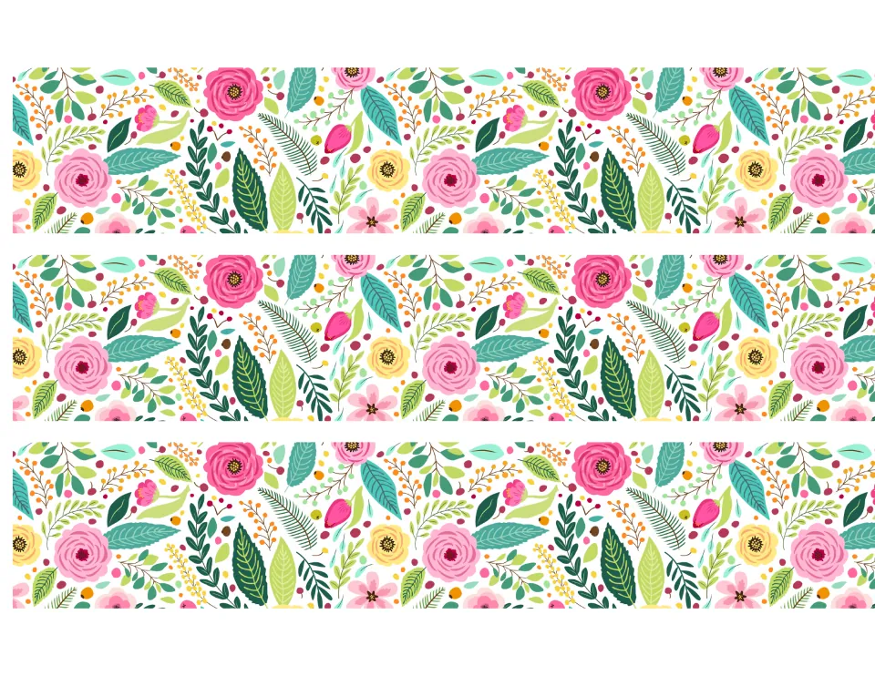 Bulletin board border design 1: three matching strips of pink and yellow flowers among green and teal leaves